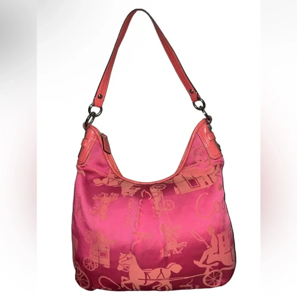 AUTHENTIC COACH HORSE & CARRIAGE HOBO BAG PURSE SATIN LEATHER ORANGE/PINK_RARE